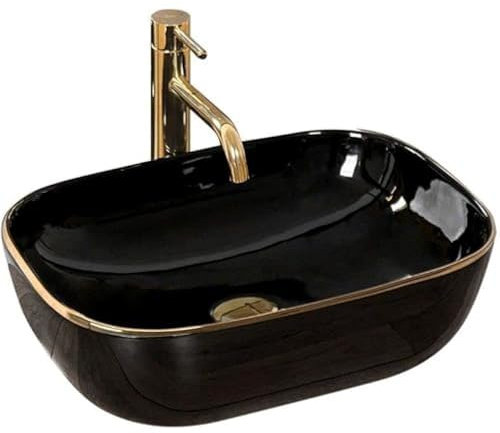 Rea Aufsatzwaschbecken Belinda Black Gold, Waschtisch Handwaschbecken Waschschale Waschbecken für Badezimmer aus hochwertiger Keramik, 465 x 330 x 135 mm (Schwarz/Gold)