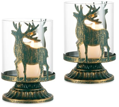 Kerzenhalter Weihnachtsdeko Windlichter Weihnachten Deko: Candeldo 2er Set Hirsch Kerzenständer aus Metall Weihnachten Dekoration Vintage Landhaus Deko für Tisch Fenster Wohnzimmer (Grün)