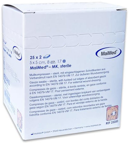 50 garze sterili 5x5 cm - garze sterili per medicazione in 100% cotone - compresse di garza sterile 5x5 in buste singole non aderente - extra morbide, traspiranti e assorbenti