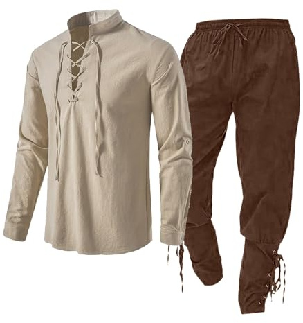 Gilet medievale da uomo, set di abbigliamento da uomo, con camicia di lino, camicia medievale, pantaloni medievali, con cinturino alla caviglia, tuta da uomo, sabbia