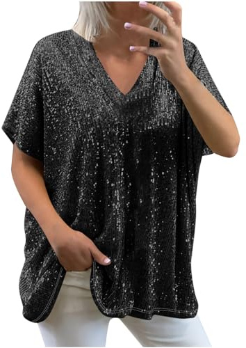 Sequin Tops for Women UK Loose Sexy Deep V Neck Short Sleeve Glitter Sequin T Shirts Plus Size Fashion Solid Sparkly Blouses Evening Party Club Tee Shirts Summer Tops M-XXL