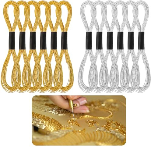 12 Pcs Glitter Embroidery Floss, Metallic Embroidery Threads for Sewing Crafts, Gold and Silver Floss Cross Stitch Thread, Polyester Thread for Friendship Bracelet