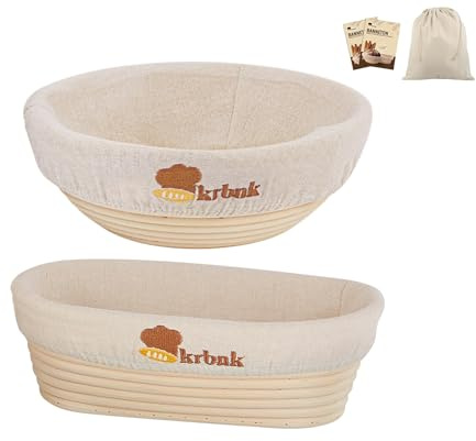 Banneton Bread Proofing Basket 9'' Round & 10'' Oval, Natural Rattan Sourdough Proving Basket with Linen Liner for Professional and Home Bakers, Sourdough Starter Kit