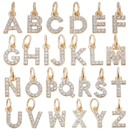SUNNYCLUE 1 Box 26 Stück 26 Stile Buchstaben Strass Anhänger Goldene Alphabet Anhänger Metalllegierung Großbuchstaben von A Bis Z Anhänger Für Die Schmuckherstellung Armbänder Ohrringe DIY Bastelzubeh