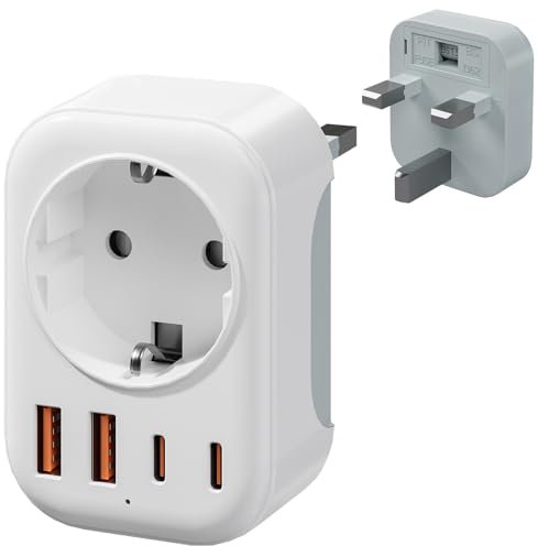 Bigfish Adaptateur Prise Anglaise Type G, Adaptateur UK de Voyage avec 2 USB A & 2 USB C, Europe Francaise FR 2 Broches vers GB 3 Broches pour Irlande Angleterre Ecosse Dubaï Malte