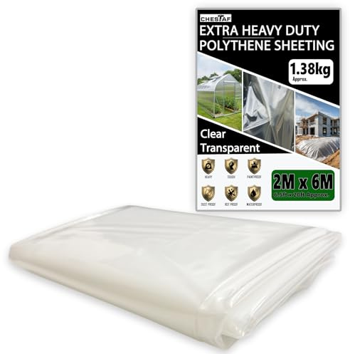 Extra Thick Plastic Sheeting 1.38KG Heavy Duty 2M X 6M Clear Polythene Sheet Thickened Polytunnel Membrane Greenhouse Waterproof Garden Dust Sheet Gardening Grow Insulation Building Rubble Protection