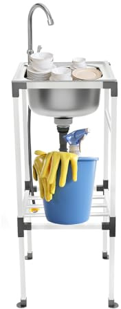Handfat i rostfritt stål, fristående, diskbänk med armatur set inklusive 360° kran och avlopp, rostfri diskbänk för hushåll och handel, inbyggd diskbänk med dränering och lagringsutrymme