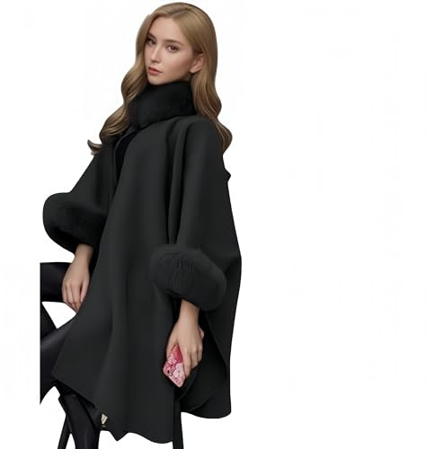 Proumhang Cappotto Mantella A-Line Elegante in Maglia,con Grande Collo in Pelliccia Sintetica e Cappuccio,Soprabito Trench per Donne, Taglie Forti Inverno,Poncho Cardigan Avvolgente e Caldo Nero 3XL