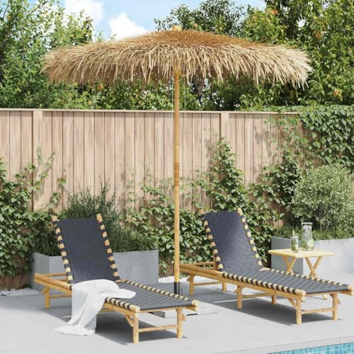 Holamys Parasol Tiki en feuille de bananier de 240 cm de diamètre, mât en bambou, système manuel à poulie pour jardin, terrasse, piscine, plage, protection solaire tropicale