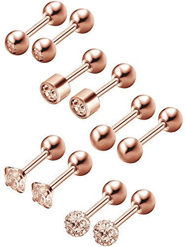 Sumind 5 Paar Edelstahl Ohrstecker Runde Kugel Ohrstecker Zirkonia Barbell Ohrring Set Helix Piercing für Tragus Knorpel Ohr, 5 Arten (Rosa Gold) - 0.01 kg