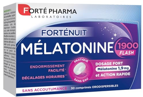 Forté Pharma - Mélatonine 1900 Flash | Mélatonine 1,9 mg dosage max, Action rapide | Complément Alimentaire Sommeil Adulte - Pour dormir, décalage horaire, jetlag | 30 comprimés orodispersibles