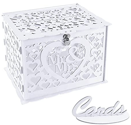 Benjia Hochzeit Geschenkkartenbox Geschenkkarten Box, Vintage groß Holz Kartenbox Karten Geld Box Briefbox mit Schloss Schlitz für Hochzeit Geburtstag danke (Weiß)