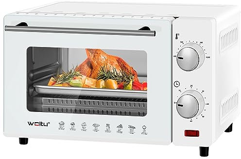 WOLTU Mini Horno Electrico 10 L, 650 W, con Bandeja de Horneado, Rejilla, Temperatura 100-230°C, Temporizador 0-60 Min, Blanco