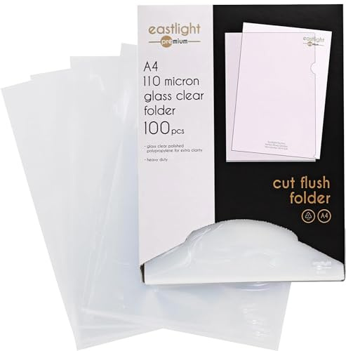 Eastlight Premium A4 Cut Flush Folders Top & Side Opening, Glass Clear Plastic Pocket Wallets, Box of 100