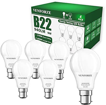 Venforze Bayonet Light Bulbs, 9W(Equivalent to 60W) 6000K Cool White B22 LED Bulb, 940LM A60 Bayonet Bulbs, Non Dimmable BC GLS Energy Saving Light Bulbs, Pack of 6