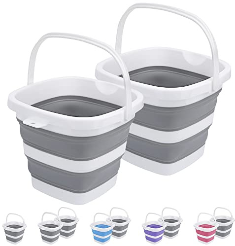 Paquete de 2 cubos plegables de 5 litros y 1.3 galones, cubo de limpieza pequeño para el hogar, cubo de plástico portátil al aire libre, bañera de lavado de coche, plegable, camping, playa, arena,
