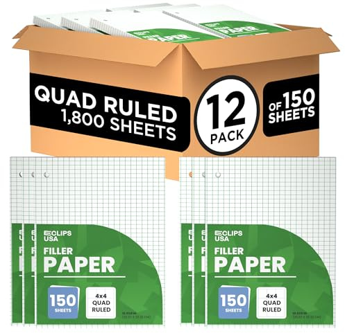 Graph Paper Loose Leaf Paper Quad Ruled Notebook Paper Quad Ruled 4” x 4” Square Lined Writing Filler Paper 10.5” x 8” 1800 Sheets 150 Sheets Per Pack 60 gsm (12 Pack)