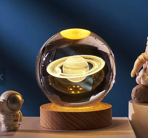 Shop-UP! Lampada Saturno 3D sfera di cristallo grande, con base e luce a led USB, confezione regalo inclusa, lampada notturna
