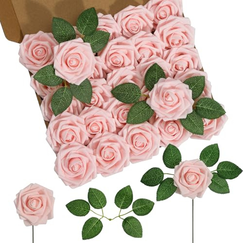 DuHouse 25 st konstgjorda rosor blommor falsk ros med stjälkar äkta touch skum blomhuvud för gör-det-själv bröllop brudbukett baby shower bordsuppsats blomsterarrangemang fest heminredning (rodna)