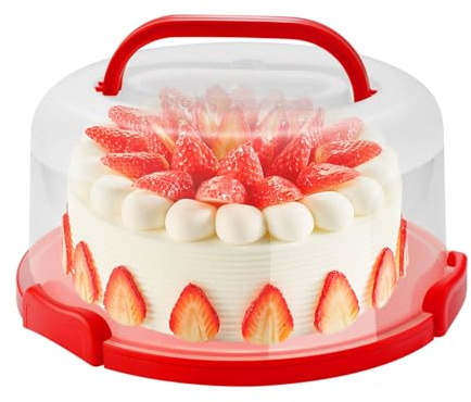 NVAZIOP 10 Inch Portable Cake Stand Carrier Holder with Lid and Handle Round Cake Storage Containers Cupcake Plastic Cake Cover Holder for Transport Red