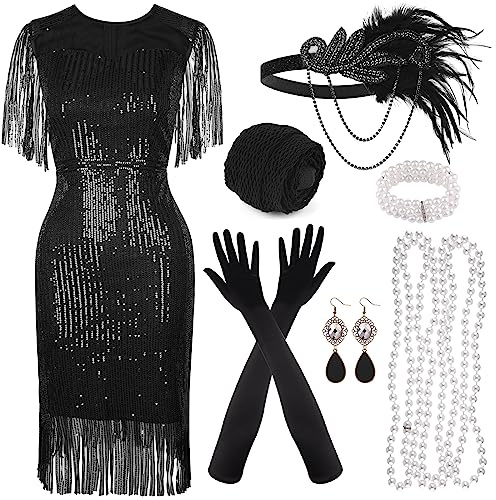 PLULON Abito anni '20 con frange di paillettes e perline con set di accessori ruggenti anni '20 Abito Gatsby con scollo a V con copricapo di piume Guanti Collana Orecchini dorati per donna