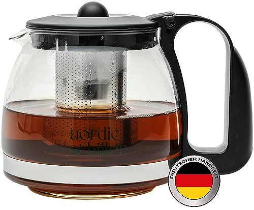 NORDIC SCHILLER Premium Tetera de Cristal, 1250ml, Teteras Para te Con Filtro de Acero Inoxidable, Resistente al Calor con Tapa, Tetera de Vidrio, Tetera con Filtro para Infusiones, Glass Teapot