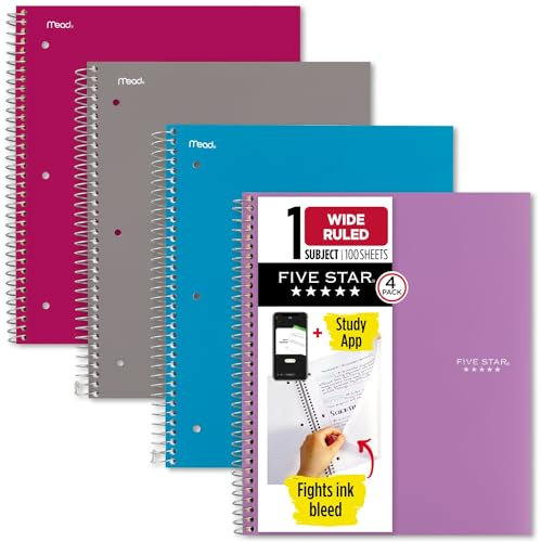 Five Star Spiral Notebook + Study App, 4 Pack, 1 Subject, Wide Ruled Paper, 8 x 10-1/2, 100 Sheets, Fights Ink Bleed, Water Resistant Cover, Purple, Pink, Gray and Blue (930105-ECM)
