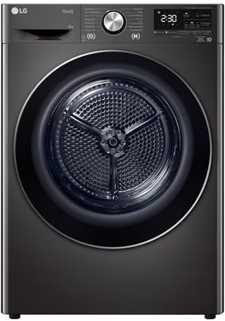 LG RT80V9B, Klasse A+++,Trockner 8 kg, Wärmepumpentrockner mit Kurzprogramm, Trockensensor, Trommelmaterial aus Edelstahl, 60 x 69 x 85 cm ꟷ Schwarz