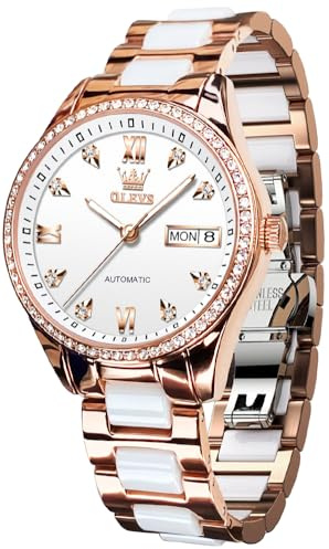 OLEVS Damen-Automatikuhr, Diamant-Lünette, modisch, wasserdicht, Kalender, zweifarbig, Edelstahl-Keramik-Armband