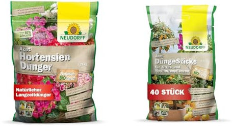 Neudorff Azet HortensienDünger – Bio Hortensiendünger mit 100 Tagen Langzeitwirkung & Azet DüngeSticks für Zitrus- und Mediterranpflanzen