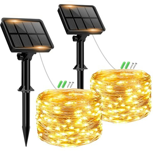 btfarm 2 Pack Solar String Lights Outdoor Garden, Total 12M 120 LED Fairy Lights Solar Powered 8 Modes, Copper Wire Solar Lights for Decorating Garden, Yard, Tree, Christmas, Warm White