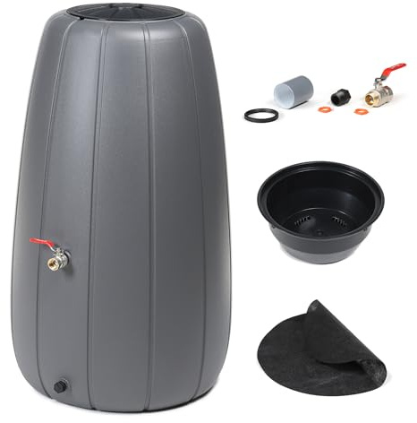 Serbatoio per acqua piovana 200 l, per esterni, in plastica robusta, rotondo e alto, fori di scarico, coperchio, inserto pentola, sistema di drenaggio, con valvola a sfera dritta da 3/4