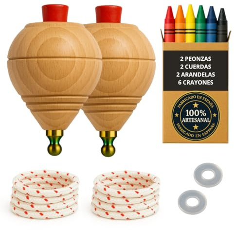 Peonza Madera para Niños Pack 2 Trompos + 6 Ceras de Colores + 2 Arandelas | Hecho a Mano en España con Punta Redonda.