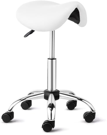 Bonnlo Saddle Stool with Wheels - Height Adjustable Swivel Stool - for Salon Massage Home Kitchen Clinic, Weight Capacity 400lbs, White, Sliver Legs