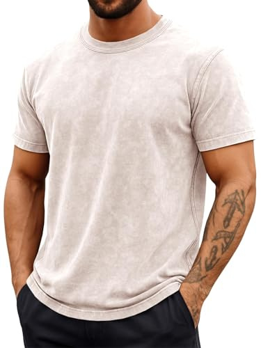 Runcati Herr t-shirt kortärmad rund hals bomull toppar män sommar casual normal passform toppar vintage mode acid tvätt basic t-shirts skjortor