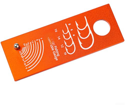 Outil de mesure de la taille des hameçons en alliage d'aluminium, jauge de pêche portable à double échelle avec trou de suspension pour une aide précise à l'alignement des hameçons (orange-rouge)