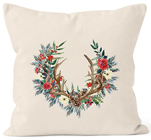 Autiga Kissenbezug Weihnachten Weihnachtskranz Geweih Hirschgeweih Blumen Gesteck Kranz Misteln Natur 40cm x 40cm