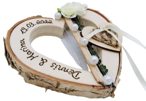 Ringkissen Herz Holzherz creme Ringhalter für Eheringe mit Namen Hochzeit
