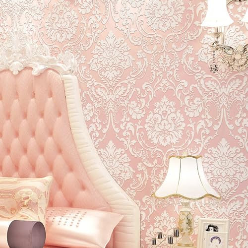 Prior.choice 10X0.53M 3D Vintage Victorian 5 Colors Luxury Damask Embossed Flock Textured Non-Woven Wallpaper Roll for Bedroom Livingroom (Pink)