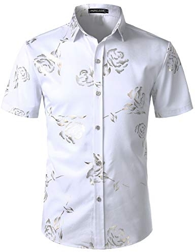 PARKLEES Mens Hipster Gold Rose Printed Slim Fit Short Sleeve Button Down Dress Shirts