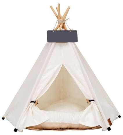 Scnbom Pet Tipi Hundezelt Haustierzelt Das Zelt Dog Teepee Katze Tent Tragbar Abnehmbar mit Kissen (L:60X60X70CM,Weiß)