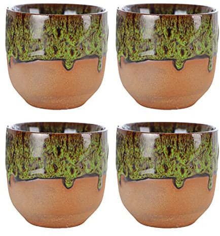 Juego de 4 tazas de invierno sin asa, multicolor, para desayuno, al aire libre, vintage, japonesa, de porcelana, multicolor, pintadas a mano, 150 ml