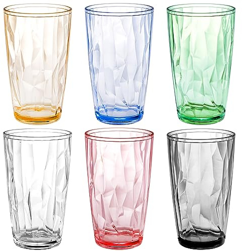 Hedume Set of 6 Multicolor Unbreakable Tritan Glasses, 500ml Reusable Plastic Tumblers, Stackable BPA Free Cups for Outdoor, Party & Everyday Use