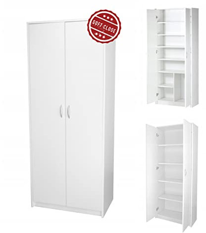 Home Collective Schrank Mehrzweckschrank mit Soft Close Türdämpfer weiß 74cm Breite 180cm Höhe mit Vier Einlegeböden, Aktenschrank Haushaltsschrank Organizer aus MDF Holz