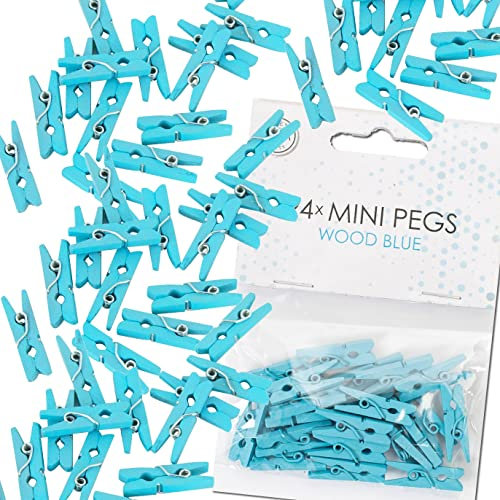 48x Mini Wäscheklammern aus echtem Holz | Größe: 25x10x4mm, mit Metallfeder, für Deko und zum Basteln | Miniklammern Holzklammern Klammer… (Blau)