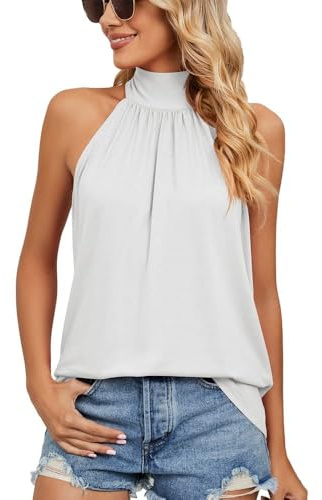 Chaleco De Verano para Mujer Camisa sin Mangas Cuello Halter Camisola de Ajuste Elegante Blouse Shirt Cami Suelto Color Sólido Tank Top Hombros Descubiertos Tops
