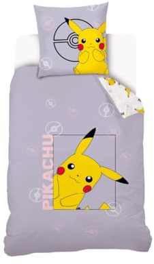 Housse De Couette Pikachu Pokémon 140x200 cm + 1 Taie d'oreiller 63x63 cm - 100% Coton - Mauve