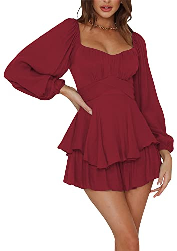 Springcmy Women Puff Sleeve Square Neck Romper Dress Off Shoulder Ruffle Shorts Smocked Layered Flowy A Line MiniBeach Swing Dress Sundress (C-Wine Red, L)