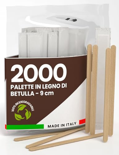 2000 Palette da Caffè Monouso in Legno di Betulla, Imbustate Singolarmente, Biodegradabili e Compostabili, Resistenti al Calore per Mescolare Caffè e Bevande - Made in Italy