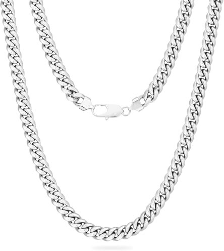 KRKC&CO 8mm Herren Halskette, Silber Farbe Edelstahl Panzerkette Cuban Link Chain, Nickel-frei Dicke Kette Silberkette für Männer Länge 48-61cm